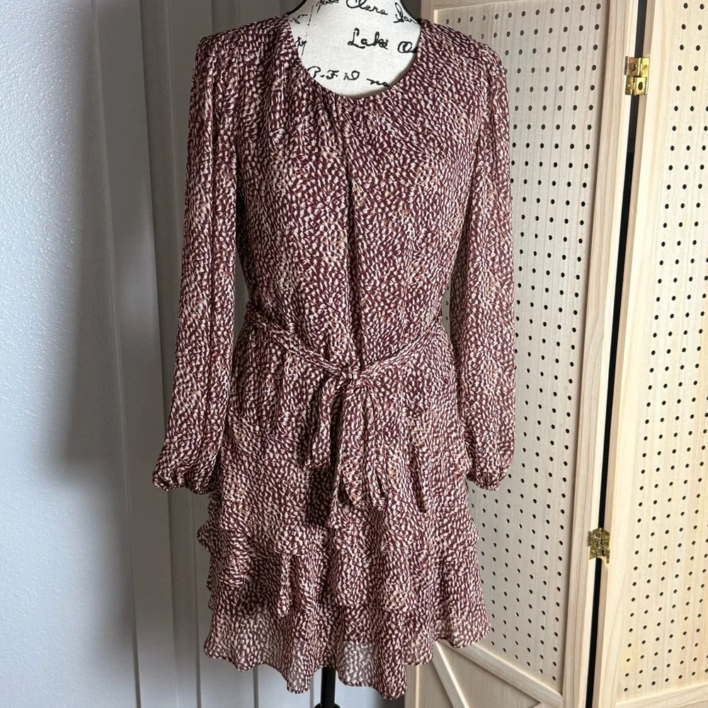 Express Burgundy Wine Boho Ruffle Tie Waist Mini Dress M Fall Holiday Chic - Picture 2 of 9
